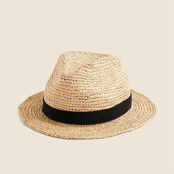 NEW J. Crew Fedora Raffia Straw Packable Tan Hat with Black Band - Picture 1 of 11